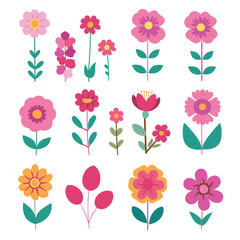 Collection of colorful illustrated flowers with various shapes and designs in pink, yellow, and green hues.