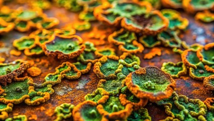 Obraz premium Macro view of rusty metal surface covered in vibrant green fungus, with intricate networks of fungal hyphae and rusty orange hues, evoking decay and neglect.
