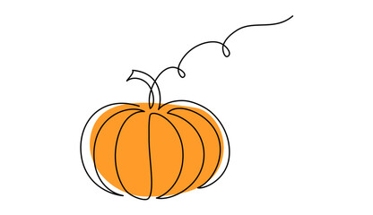 Autumn pumpkin in one continuous line drawing. Halloween and Thanksgiving greeting card in simple linear style. Fall harvest in editable stroke. Doodle outline vector illustration