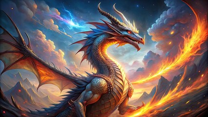Obraz premium Magnificent dragon with radiant, iridescent scales and fiery breath illuminates a mystical realm, its powerful claws and wings outstretched in a dramatic, magical pose.