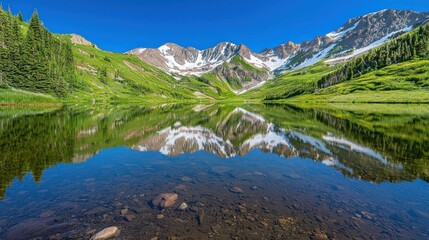 Mountain Lake with Reflection of Snowy Peaks