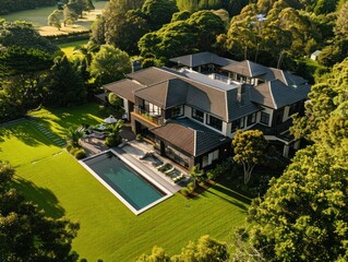 Aerial View of a Modern Mansion with Pool