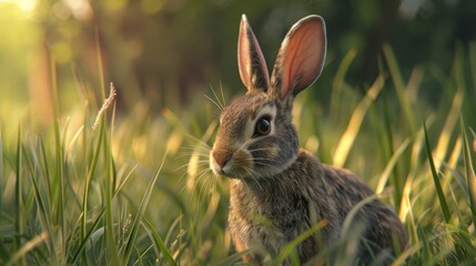 Fototapeta premium Rabbit closeup with natural landscape generative ai