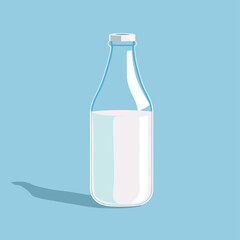 Illustration of a glass milk bottle with a white cap, filled with milk, on a light blue background.