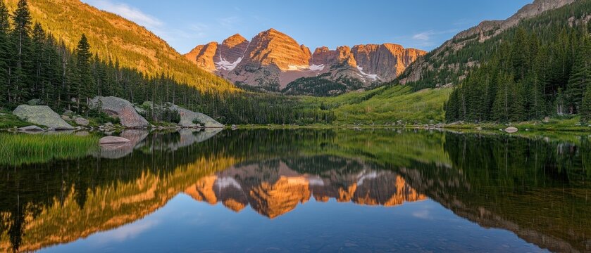 Golden Hour Reflection of Maroon Bells and Lake