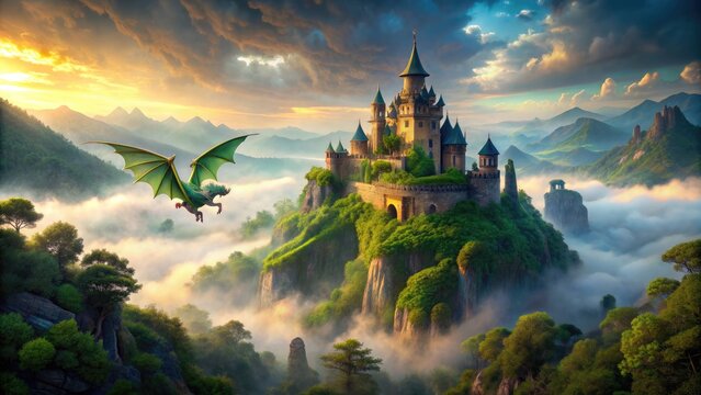 Majestic fantasy castle shrouded in mist, surrounded by lush greenery, with a mighty dragon perched atop, radiating a vibrant, ethereal glow from within its ancient walls.