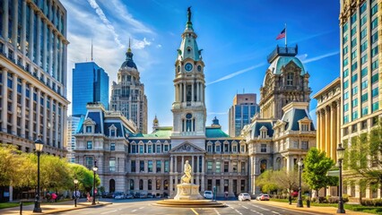 Obraz premium Majestic historic city hall building in Philadelphia, Pennsylvania, with iconic clock tower and statues, set against a clear blue sky and surrounded by vibrant city life.