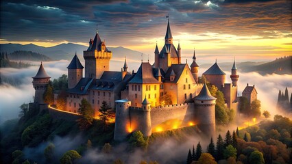 Fototapeta premium Majestic medieval castle with turrets and towers shines bright in the night, its glowing windows illuminating the surrounding misty landscape in a warm, ethereal light.