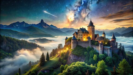 Majestic medieval castle with towers and turrets radiates a soft, ethereal glow, surrounded by misty mountains and lush greenery under a starry night sky.