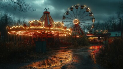 Abandoned Amusement Park with Carousel and Ferris Wheel in the Rain
