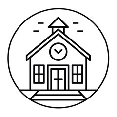 Black and white line drawing of a school building with a clock and bell on top.