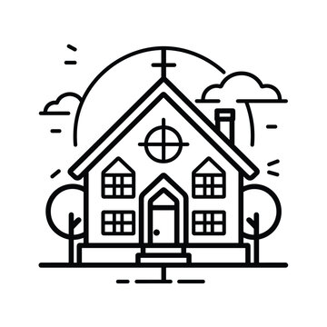 recommend clip art: Minimalist black and white line art of a house with trees, a chimney, and a cloudy sky.