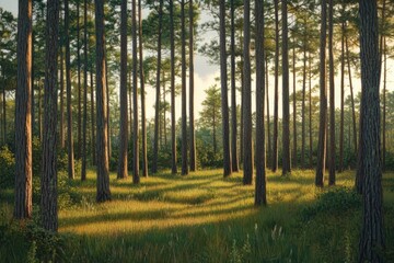 Fototapeta premium Tall pine trees in a forest. Perfect for illustrating nature, tranquility, and peace.