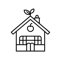 Minimalist black and white illustration of an eco-friendly house with a fruit symbol and leaf on the roof.