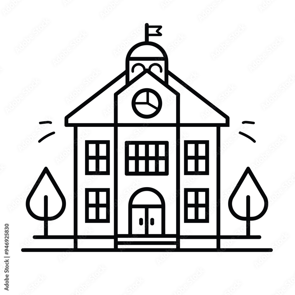 Poster line drawing of a classic school building with a flag on top and trees on either side.