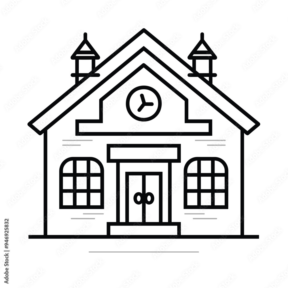 Poster black and white line drawing of a building with twin turrets and a clock on the facade.