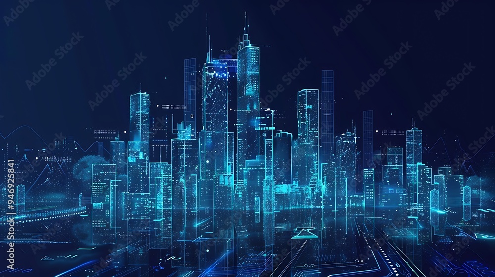 Wall mural digital cityscape: a futuristic skyline rendered in blue