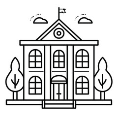 Obraz premium Outline illustration of a classic school building with trees and a flag on the roof.