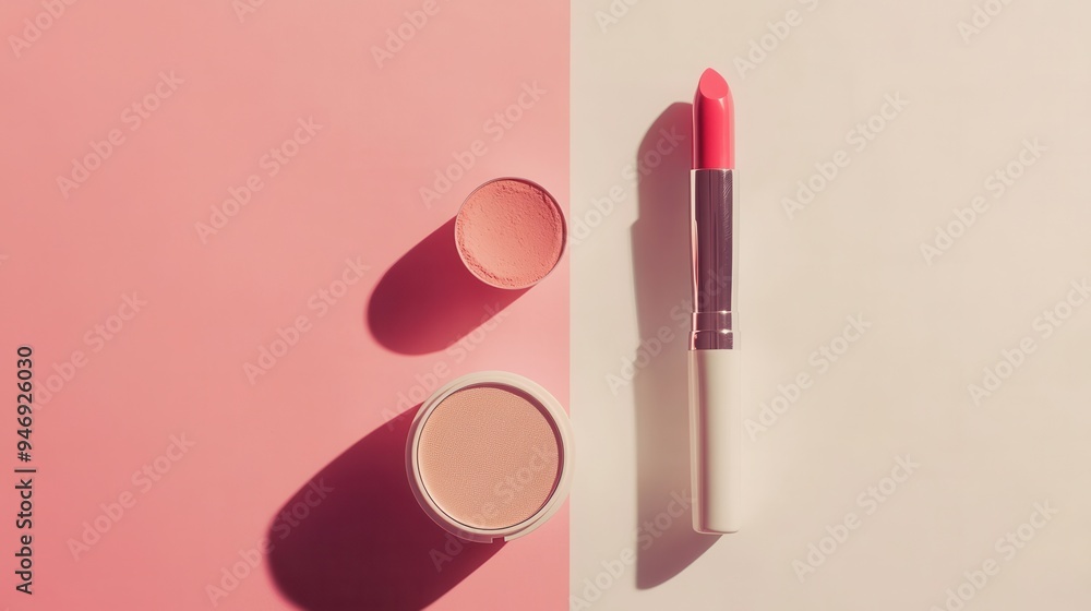 Poster cosmetic products are neatly arranged on a light background showcasing lipstick and makeup essential