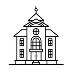 Black and white line art of a classic school building with symmetrical windows and a central dome.