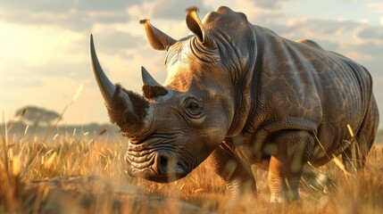 Fototapeta premium Rhinoceros in foreground with natural landscape generative ai