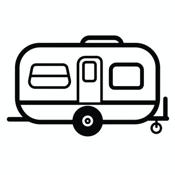 recommend clip art: Black and white line art of a travel trailer with windows and a door.