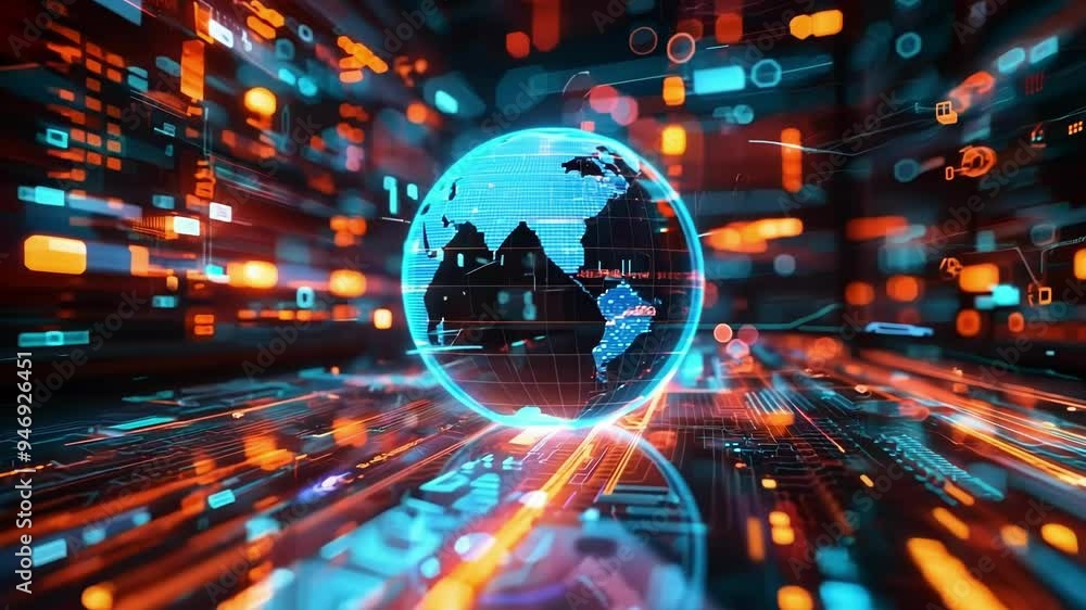 Poster digital globe is glowing inside a server room, with data streams flowing around it. this futuristic 