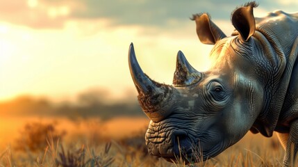 Fototapeta premium Rhinoceros in foreground with natural landscape generative ai