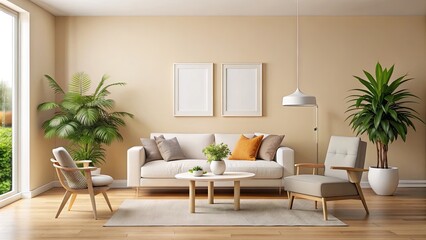 Minimalist interior with empty white picture frame hanging on a cream-colored wall, amidst modern furniture and plants, in a bright and airy living room.