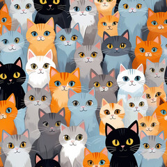 pattern with cute cartoon cats in various colors and expressions,  funny animals illustration wallpaper 