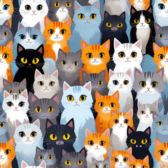 pattern with cute cartoon cats in various colors and expressions,  funny animals illustration wallpaper 