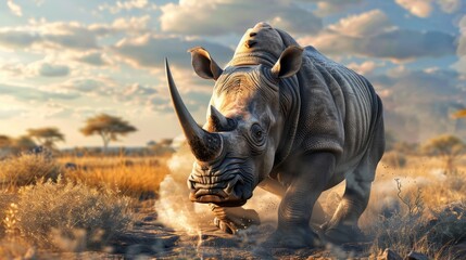 Fototapeta premium Rhinoceros in foreground with natural landscape generative ai