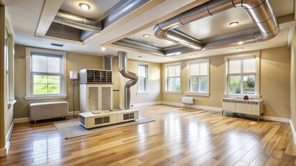Fototapeta premium Modern HVAC system components, including vents, ductwork, and thermostat, installed in a well-lit, spacious, and tidy residential room with cream-colored walls and wooden flooring.
