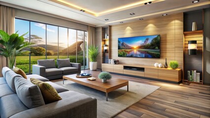 Modern living room with sleek smart home devices, wireless soundbar, and large screen TV, creating a seamless entertainment and relaxation experience.