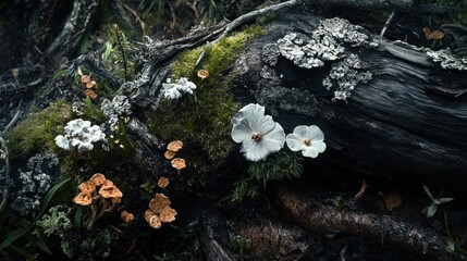 Obraz premium White Flowers and Brown Mushrooms on a Decaying Log