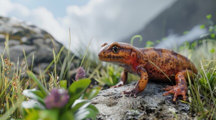 Fototapeta premium Salamander in foreground with natural landscape generative ai