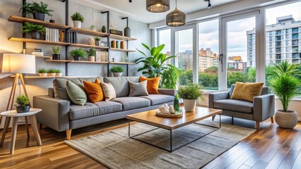 Naklejka premium Modern urban living space with sleek furniture, vibrant throw pillows, and plants, showcasing a cozy and organized atmosphere in a compact city apartment.
