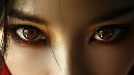 Naklejka premium Close-up of a Person's Eyes with Golden Irises and Dramatic Eyeliner