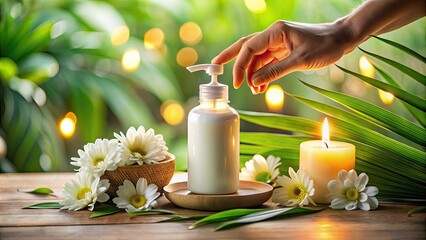 Moisturizing lotion being poured into a awaiting palm, surrounded by gentle flowers and soft candlelight, evoking a serene atmosphere of relaxation and pampering.