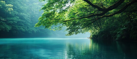 Fototapeta premium Tranquil River Flowing Through a Lush Green Forest