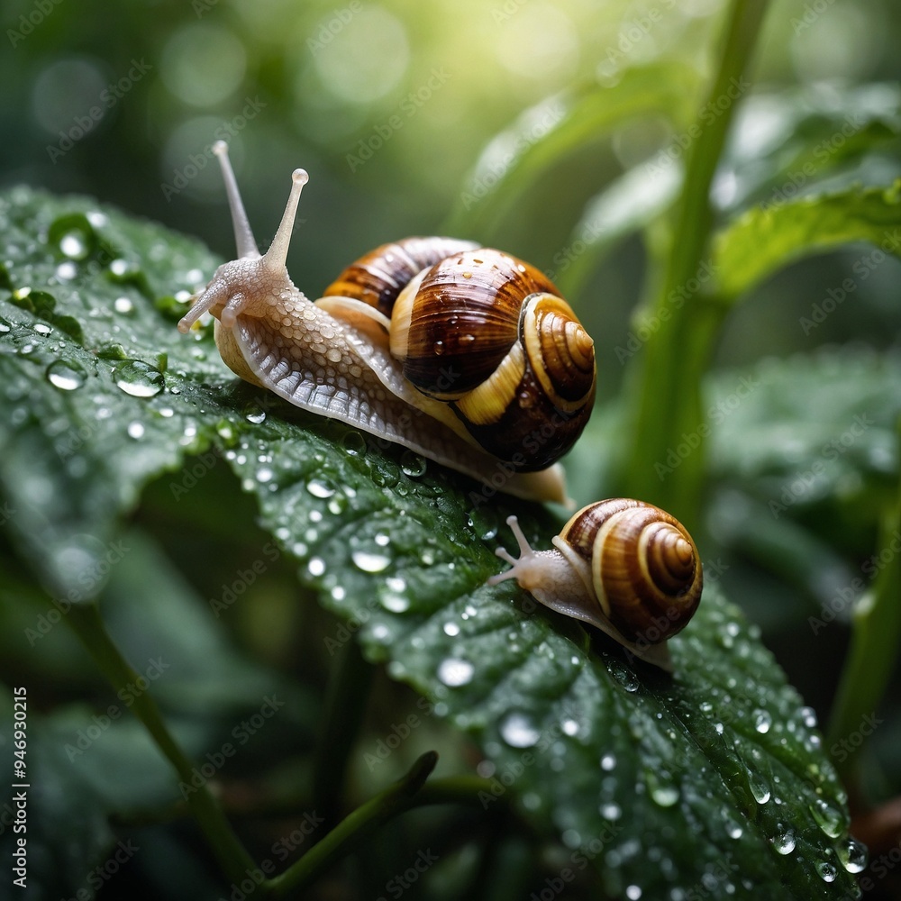 Wall mural two snails on wet leaf