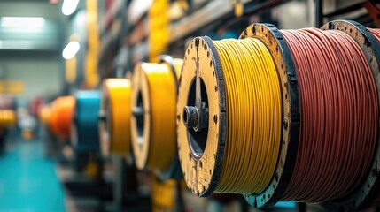 Obraz premium Wires spooled on reels in a factory. This image shows the industrial process of producing and storing electrical cables.