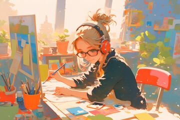 Colorful Creation: Girl painting on a canvas surrounded by art supplies and soft music. Anime style, Cozy vibes