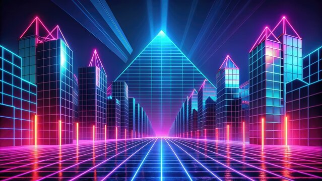 Neon-lit grid of 80s-inspired retrofuturistic architecture, pulsing with vibrant pink and blue hues, nostalgic for a futuristic past that never was, with a sense of electric unease.
