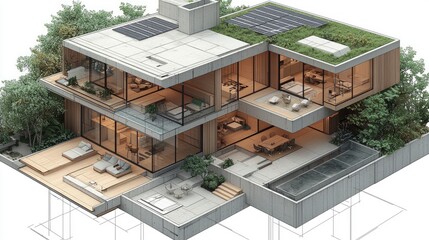 Modern House with Green Roof and Pool