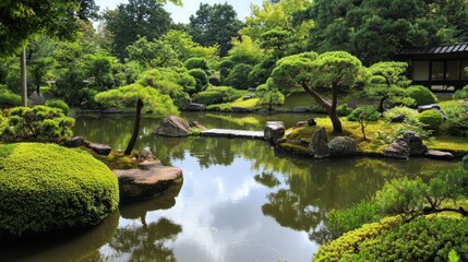 Fototapeta premium Tranquil Japanese Garden with Pond and Wooden Bridge