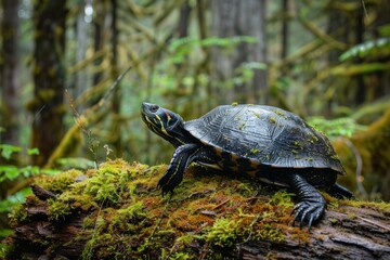 Fototapeta premium Turtle on Mossy Log in Forest