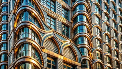 Opulent geometric patterns and metallic accents adorn a stylized, curved skyscraper facade, evoking the glamour and sophistication of a bygone era's luxurious urban landscape.