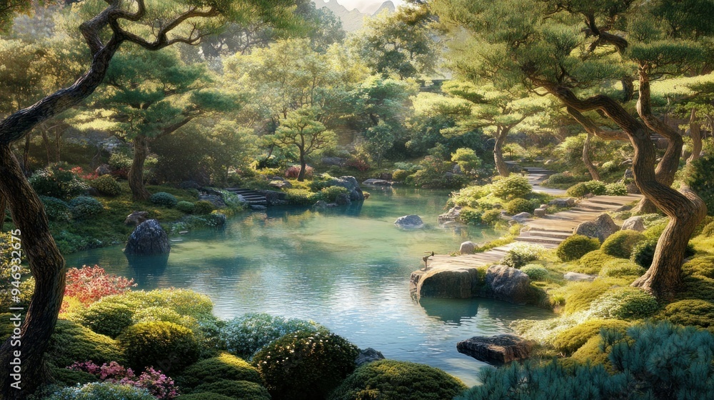 Poster Tranquil Pond in a Lush Japanese Garden with Stone Pathway