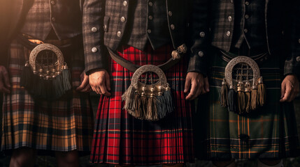 Three men wearing traditional Scottish kilt, jacket and waistcoat